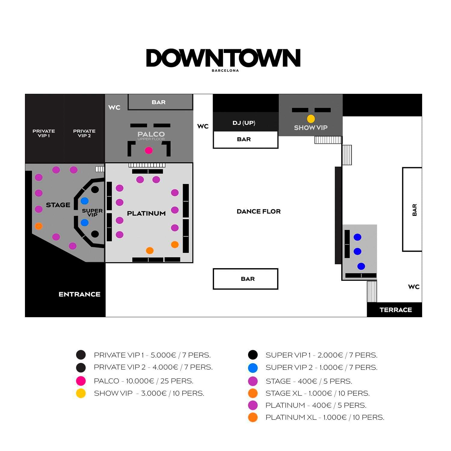 Downtown Barcelona VIP table layout map