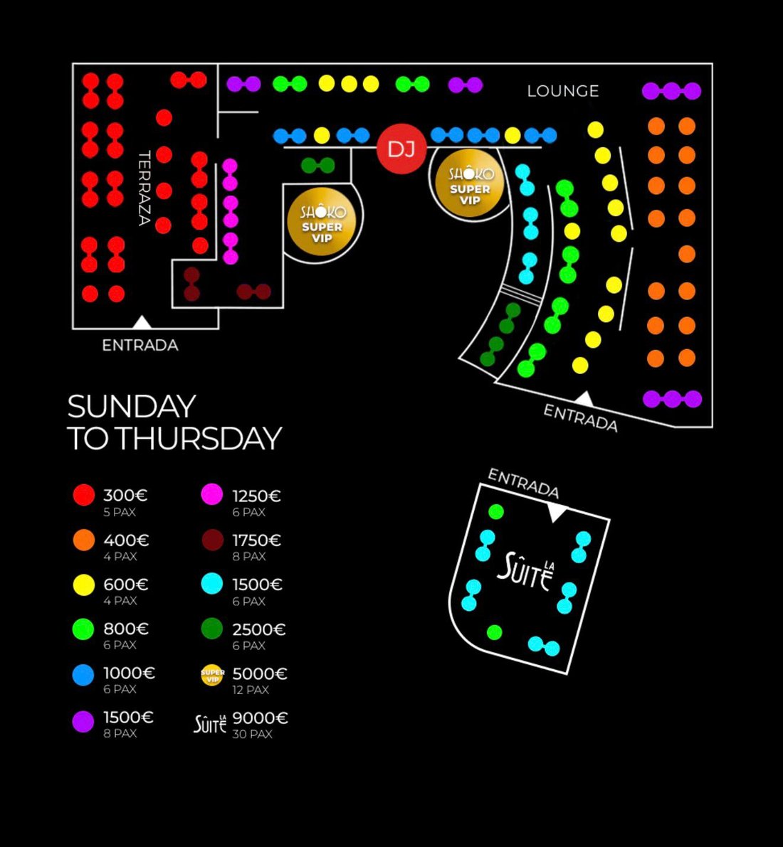 Shôko Barcelona VIP table map — Sunday to Thursday