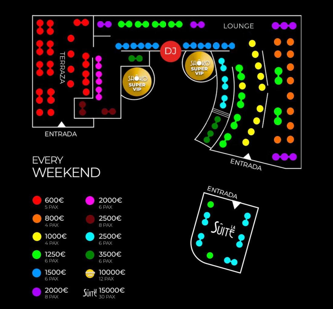 Shôko Barcelona VIP table map — Every weekend
